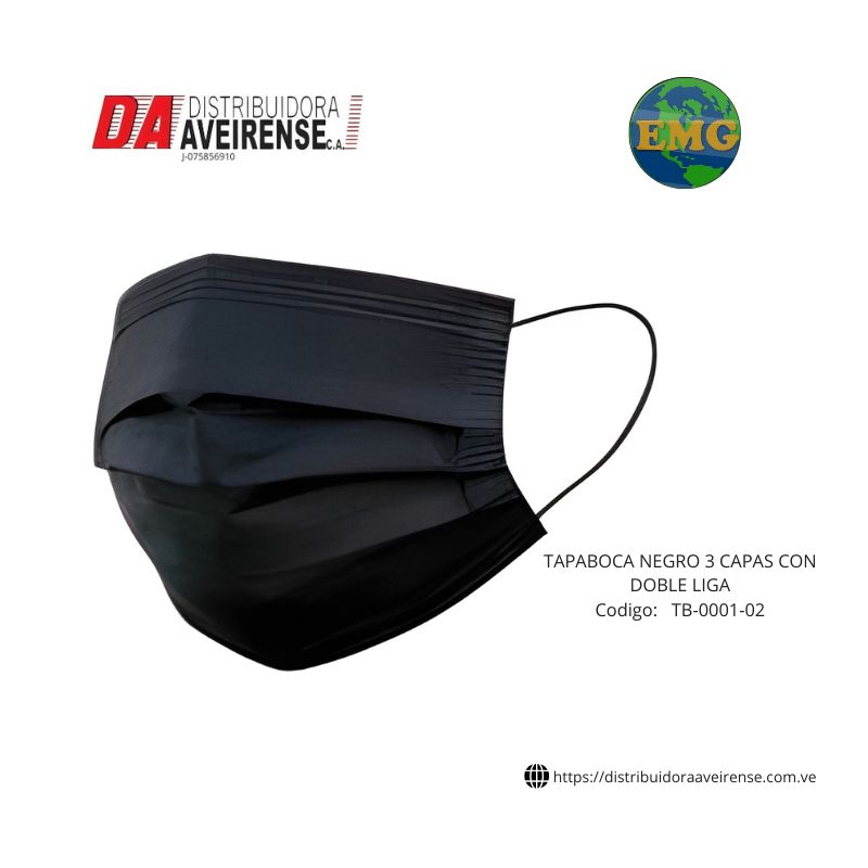 TAPABOCA NEGRO 3 CAPAS CON DOBLE LIGA. precio caja de 50 unidades 