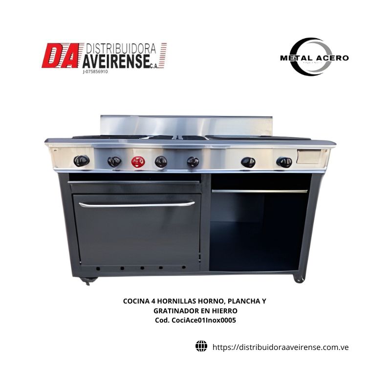 COCINA 4 HORNILLAS HORNO, PLANCHA Y GRATINADOR EN HIERRO.