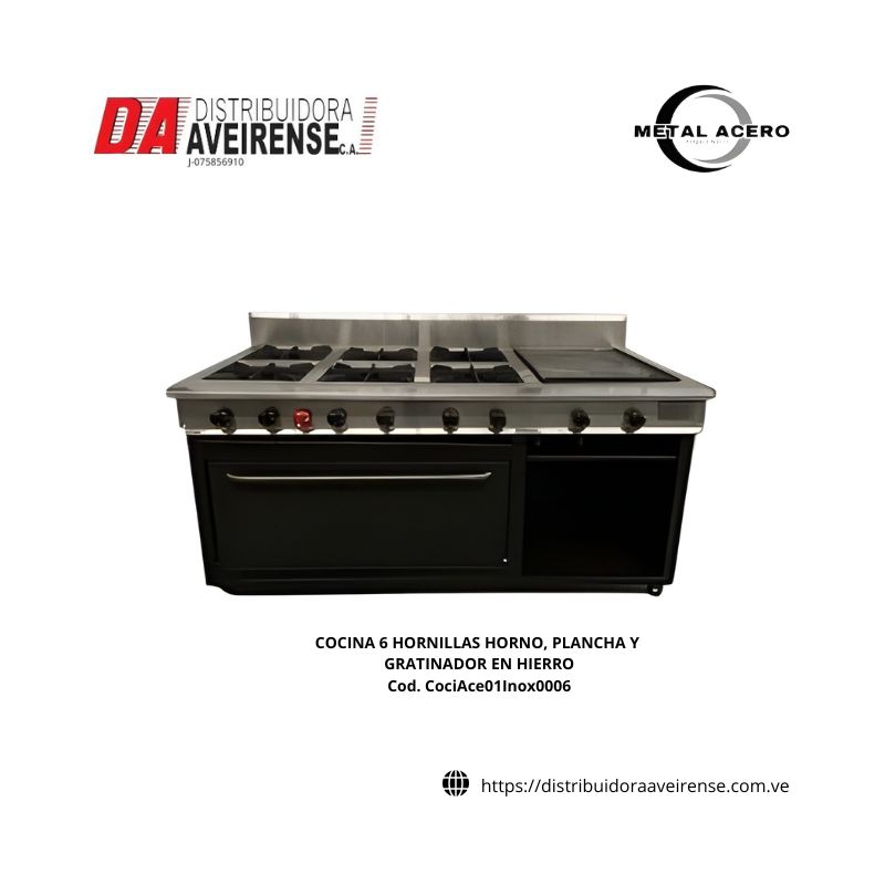 COCINA 6 HORNILLAS HORNO, PLANCHA Y GRATINADOR EN HIERRO.