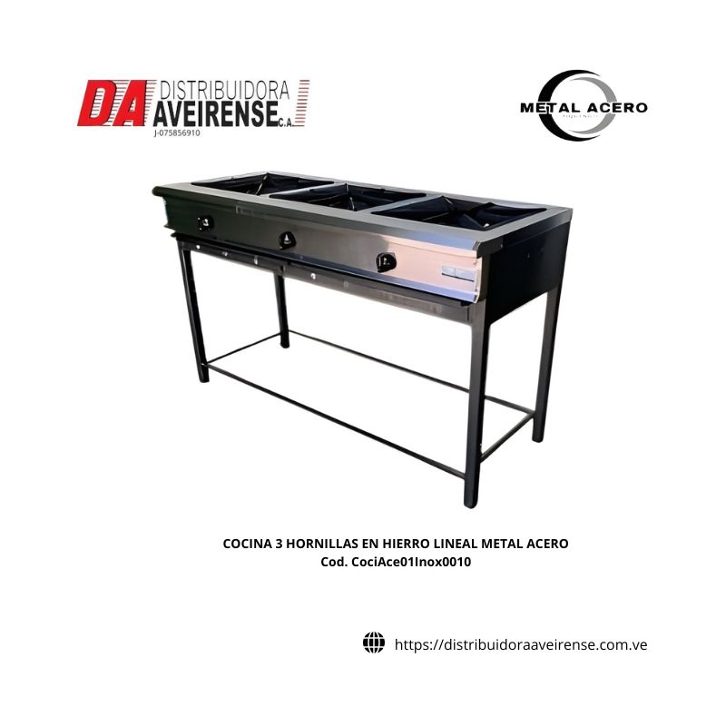COCINA 3 HORNILLAS EN HIERRO LINEAL METAL ACERO. parrilla en fundicion 40x40