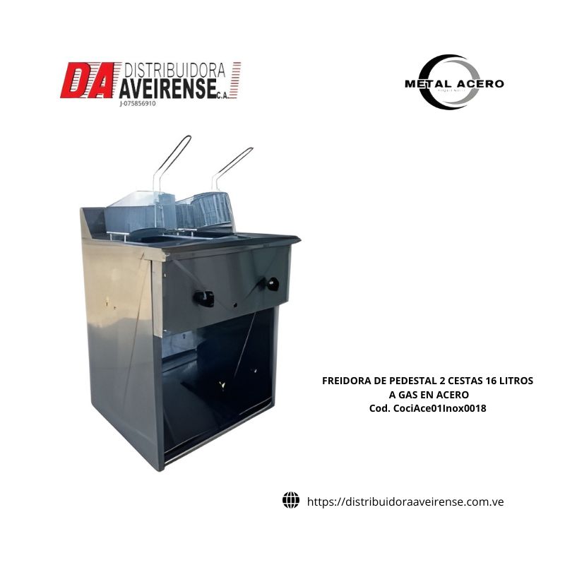 FREIDORA DE PEDESTAL 2 CESTAS 16 LITROS A GAS EN ACERO 430 , calibre 24 , quemador en fundicion 