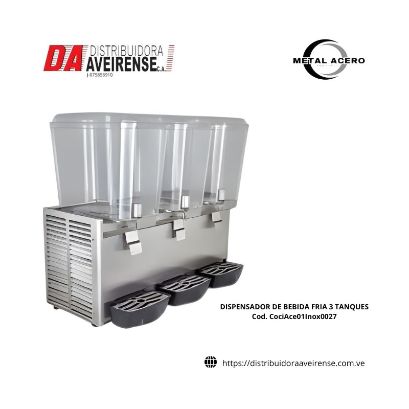 DISPENSADOR DE BEBIDA FRIA 3 TANQUES.x 18lit. cuerpo en acero inoxidable tanque en policarbonato