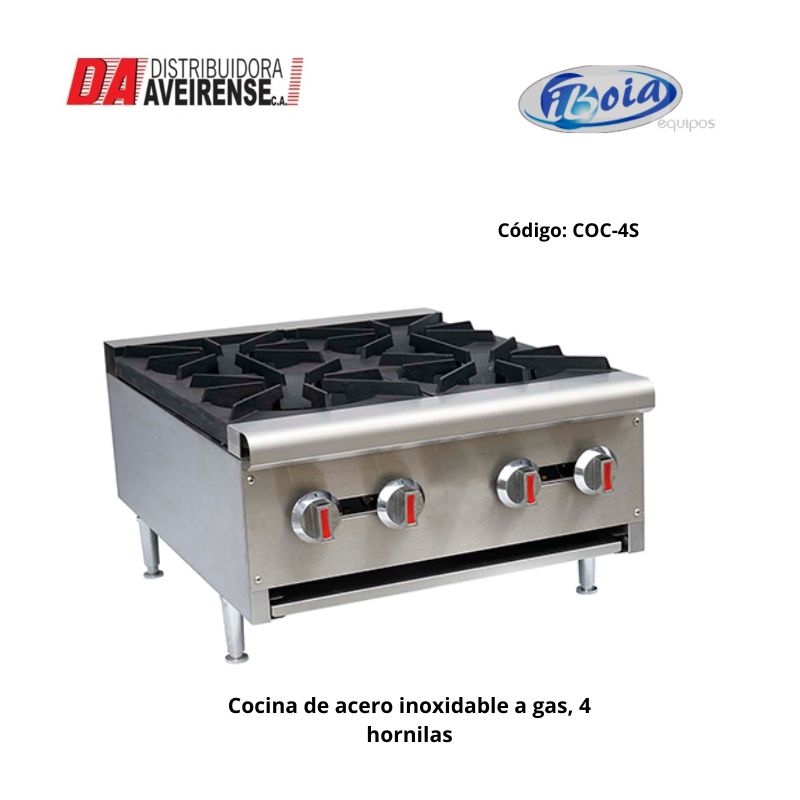 Cocina de acero inoxidable a gas, 4 hornilas