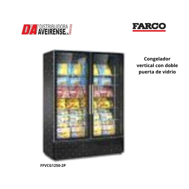 Congelador vertical con doble puerta  de vidrio.